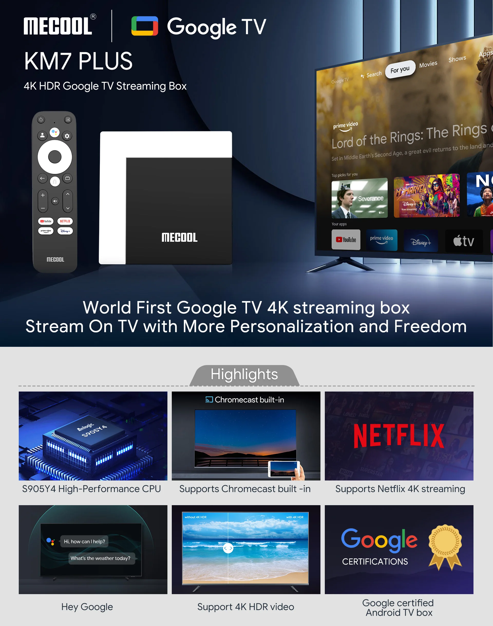 10DB Mecool KM7 Plusz ATV TV Box Android 11 Google Minősített 2 gb-ig 16 gb-os Amlogic S905Y4 Támogatása 2.4 G/5G Wifi BT5.0 Kép 0