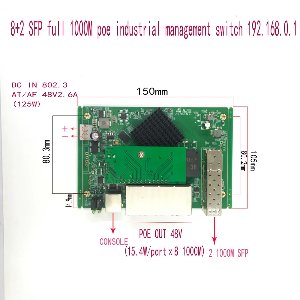IP-Menedzsment 8-port 10/100/1000Mbps ipar PoE Ethernet Kapcsoló Modul Sikerült Kapcsoló Modul, 2 Gigabit SFPswitch Kép 0